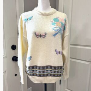 Vintage Bramble Lane Butterfly Floral Knit Sweater – Size M | Cottagecore Cozy